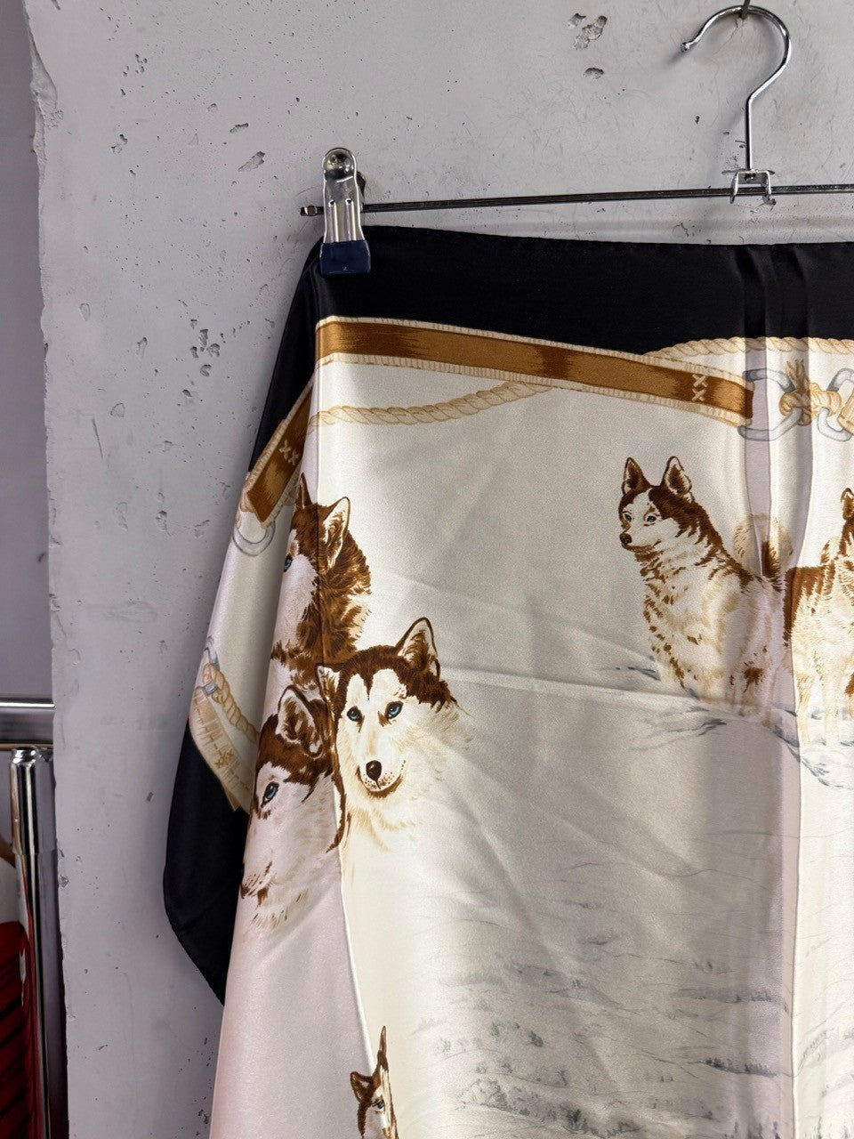 BERLIN VINTAGE CORNER Escada silk scarf featuring a winter husky dog landscape print with a rope border and black trim.