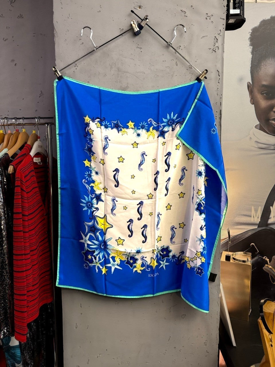 BERLIN VINTAGE CORNER Escada silk square scarf with nautical seahorse, starfish, and floral print in blue and white.