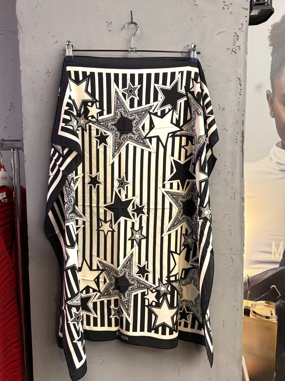 BERLIN VINTAGE CORNER black and white silk scarf featuring vertical stripes and oversized paisley star motifs.