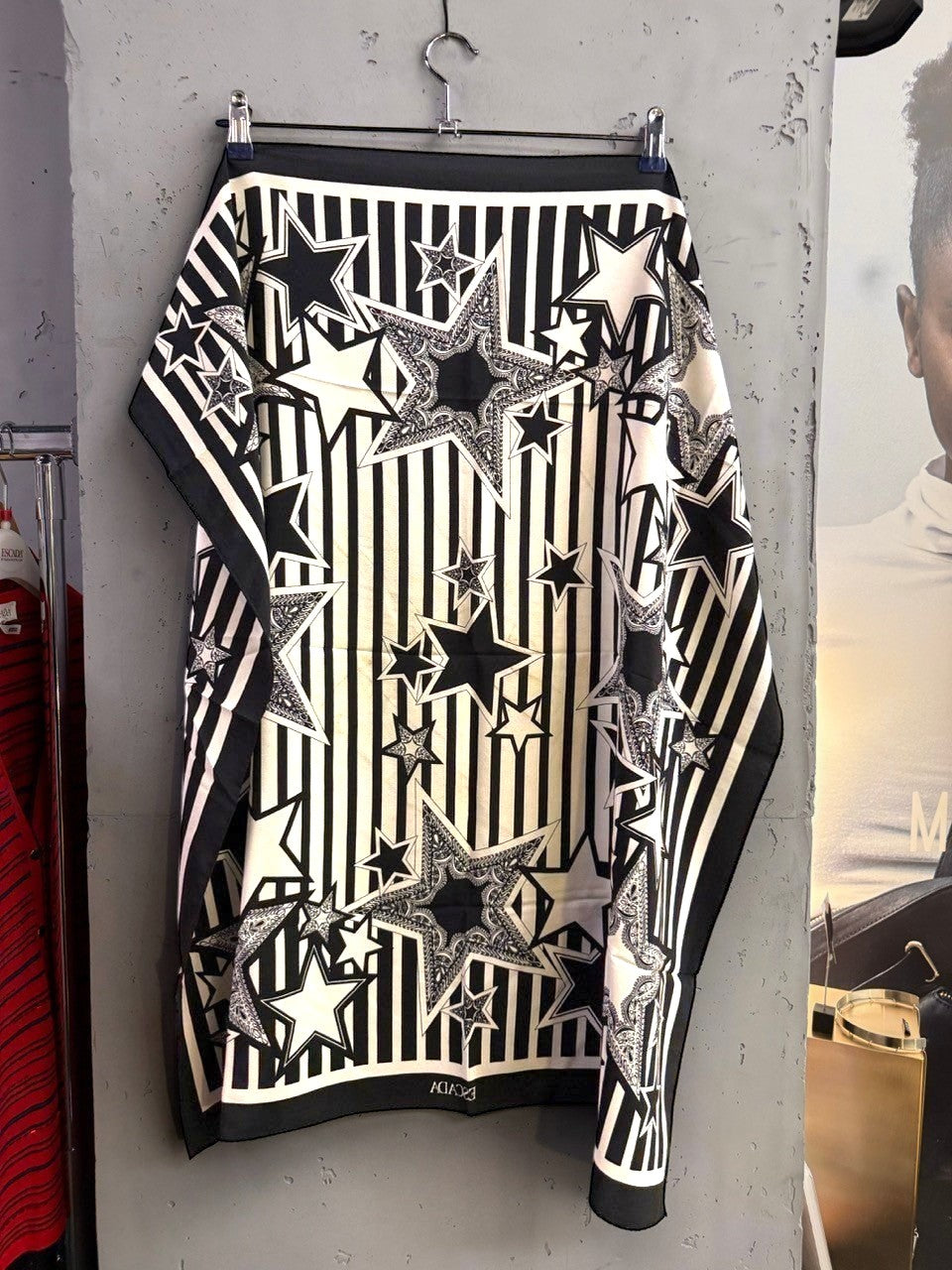 BERLIN VINTAGE CORNER ESCADA black and white silk scarf with vertical stripes and oversized star paisley motifs.