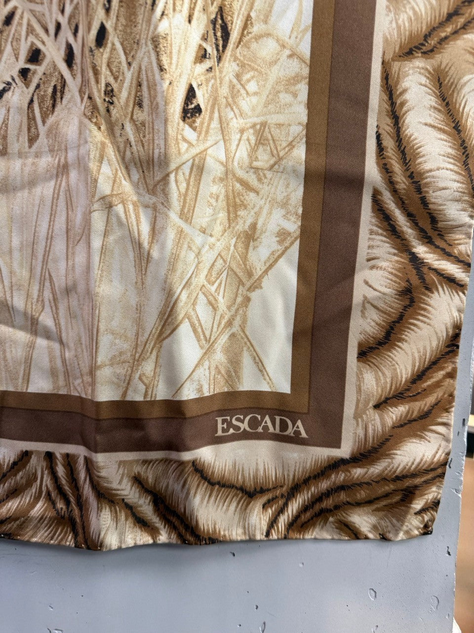 BERLIN VINTAGE CORNER Escada silk scarf in cream and brown with tiger motif and golden grass print.