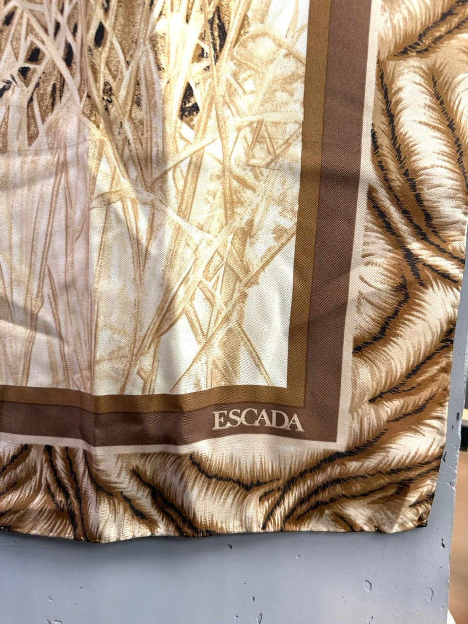 BERLIN VINTAGE CORNER Escada silk scarf in cream and brown with tiger motif and golden grass print.