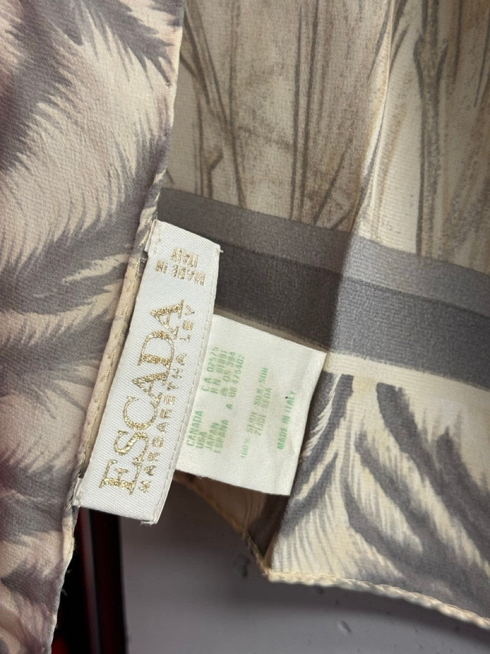 BERLIN VINTAGE CORNER Escada vintage silk scarf featuring a tiger print in cream and grey with Italian label detail.