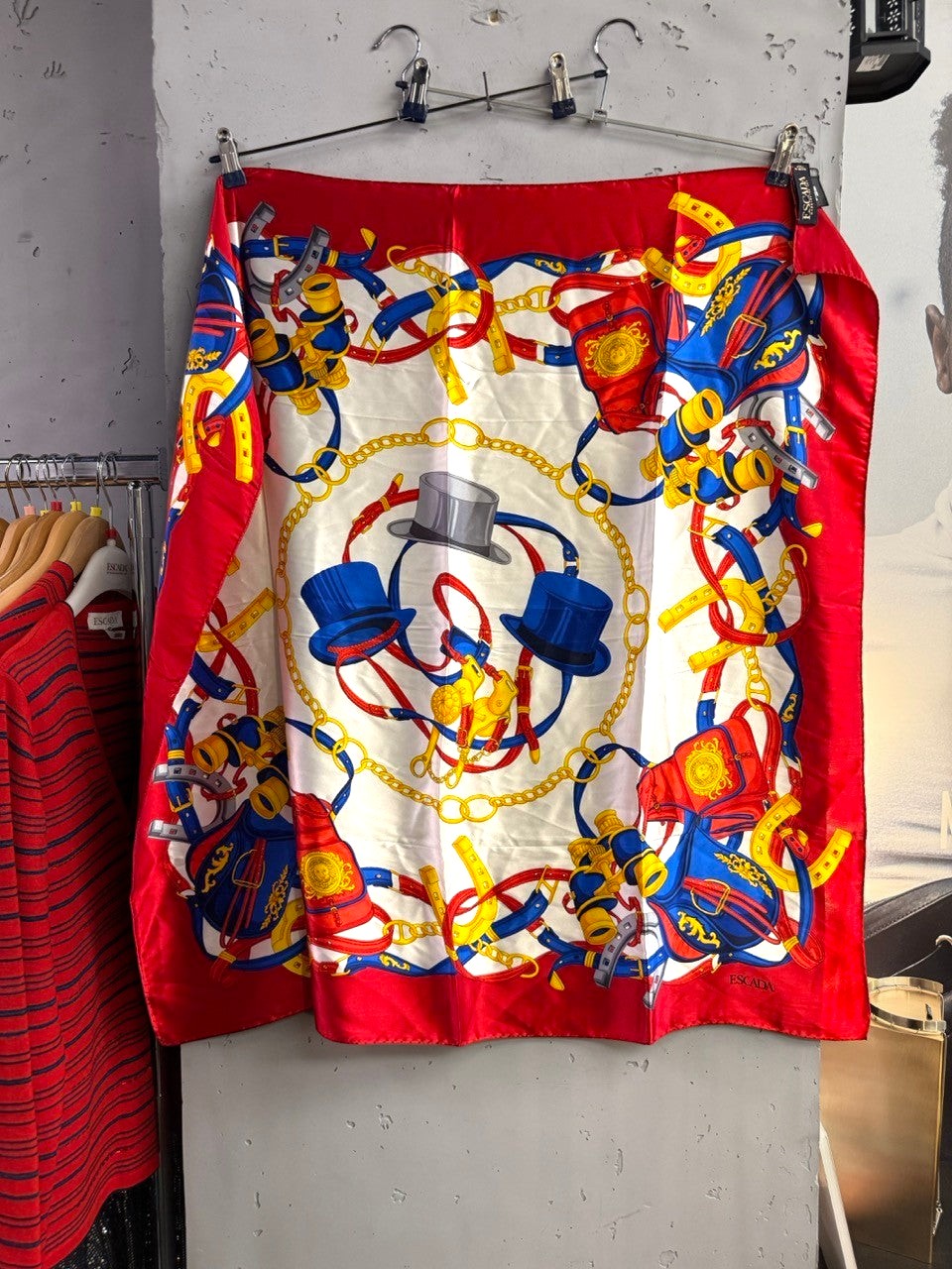 BERLIN VINTAGE CORNER ESCADA silk square scarf with red, blue, and gold equestrian print featuring top hats and chains.