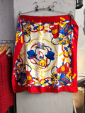 BERLIN VINTAGE CORNER ESCADA silk square scarf with red, blue, and gold equestrian print featuring top hats and chains.