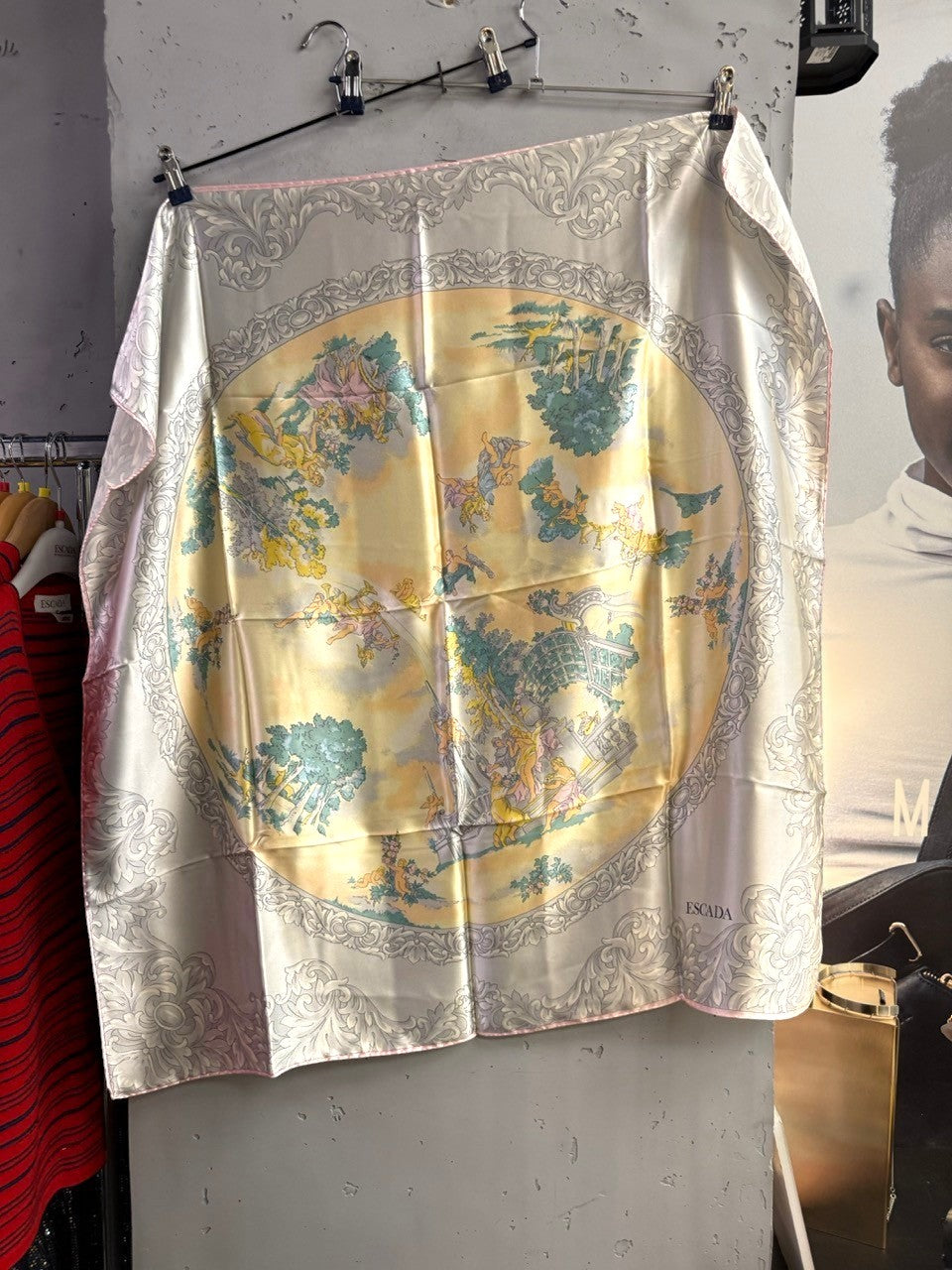 BERLIN VINTAGE CORNER vintage ESCADA silk scarf with pastoral scene, yellow and green print, and grey scroll border.