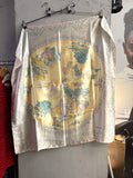 BERLIN VINTAGE CORNER vintage ESCADA silk scarf with pastoral scene, yellow and green print, and grey scroll border.