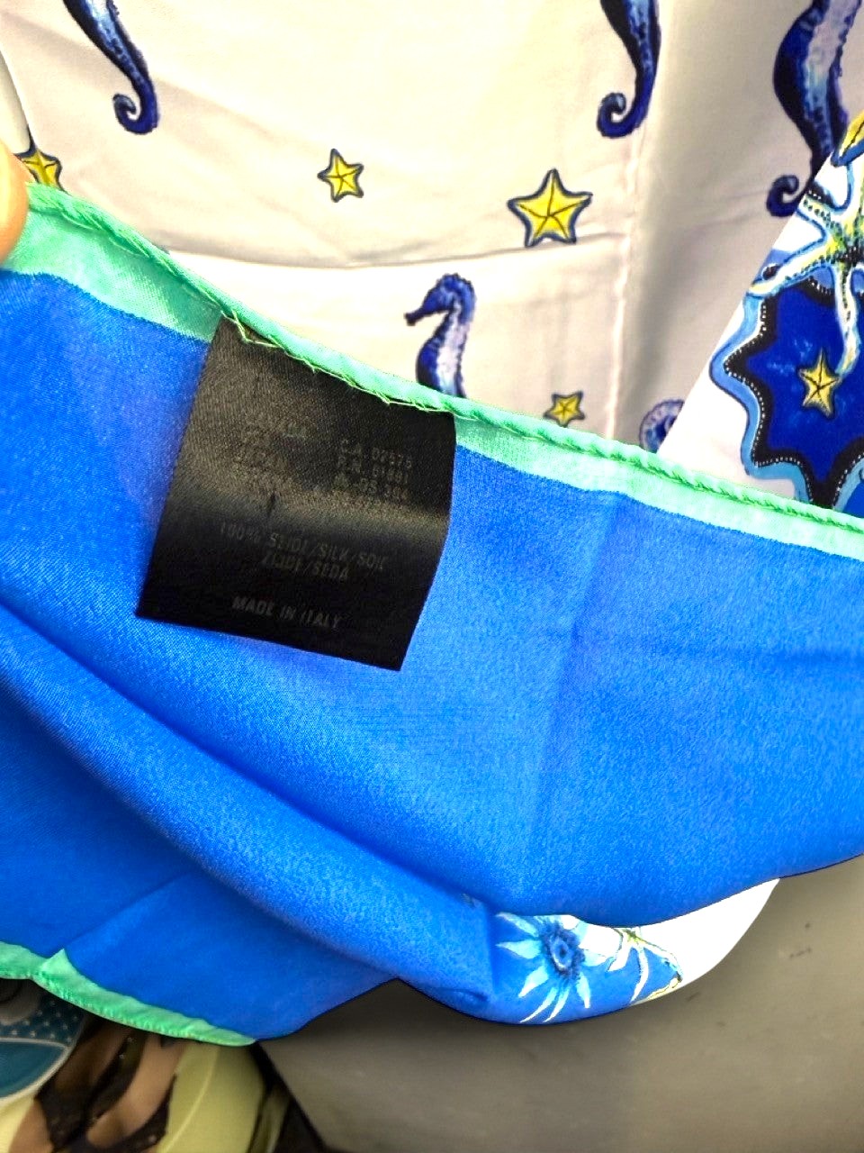 BERLIN VINTAGE CORNER Escada vintage silk square scarf with nautical seahorse print, blue border, and mint green trim.