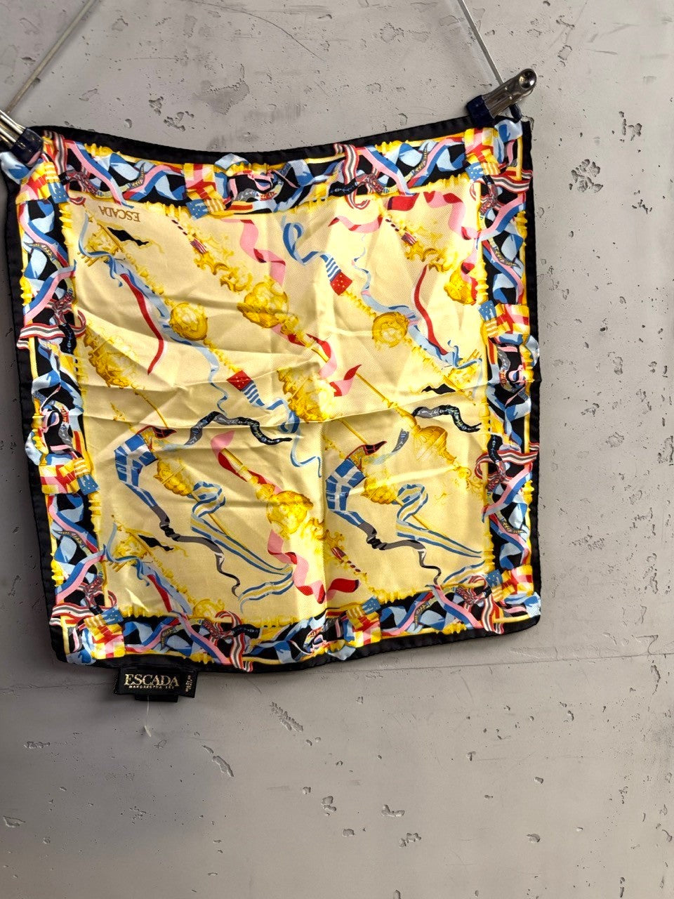 BERLIN VINTAGE CORNER vintage ESCADA silk square scarf in pale yellow with nautical ribbon and flag print.