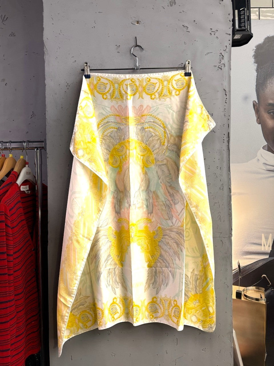 BERLIN VINTAGE CORNER Escada silk scarf with yellow, peach, and sage baroque print on a creamy white background.
