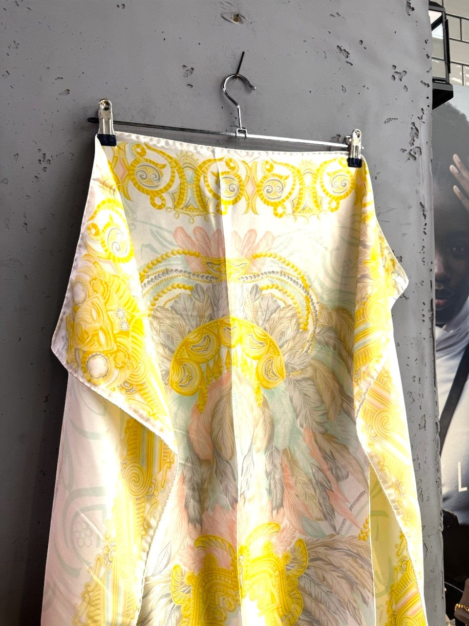 BERLIN VINTAGE CORNER Escada silk scarf with yellow, peach, and sage baroque print on a cream background.