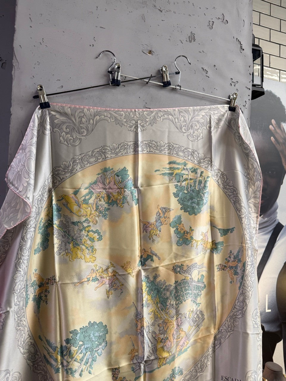BERLIN VINTAGE CORNER ESCADA vintage silk scarf with pastoral scene, yellow and green tones, and grey scroll border.