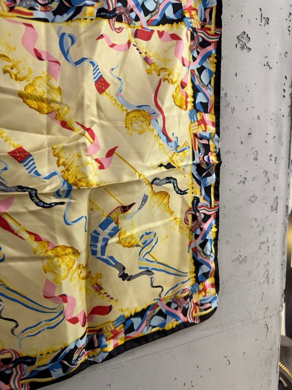 BERLIN VINTAGE CORNER vintage ESCADA silk square scarf in pale yellow with nautical flags and gold ribbon pattern.