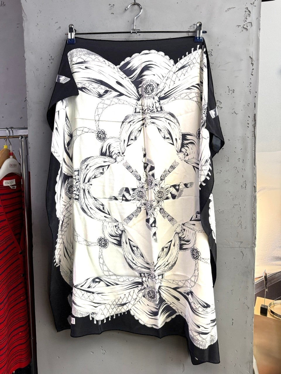 BERLIN VINTAGE CORNER vintage ESCADA silk scarf in black and white with nautical rope and medallion print.