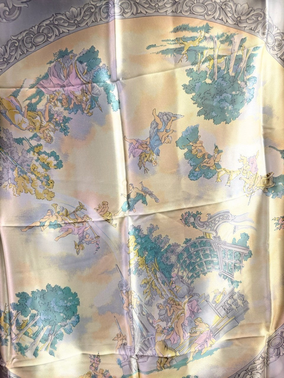 BERLIN VINTAGE CORNER ESCADA silk scarf featuring a pastoral scene with whimsical figures and grey scrollwork border.