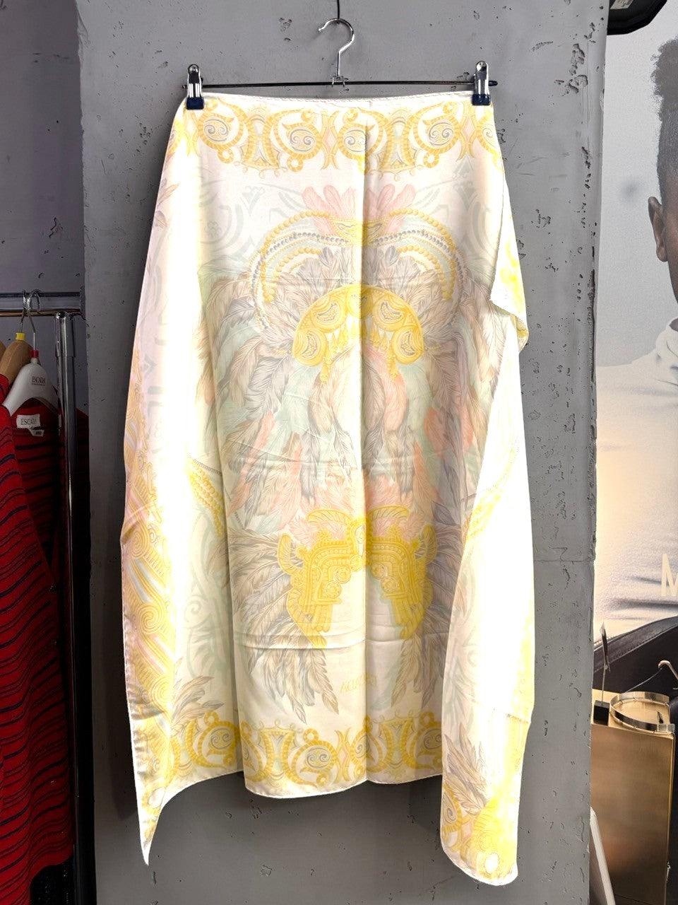 BERLIN VINTAGE CORNER Escada silk scarf with baroque yellow, peach, and sage green patterns on a cream background.