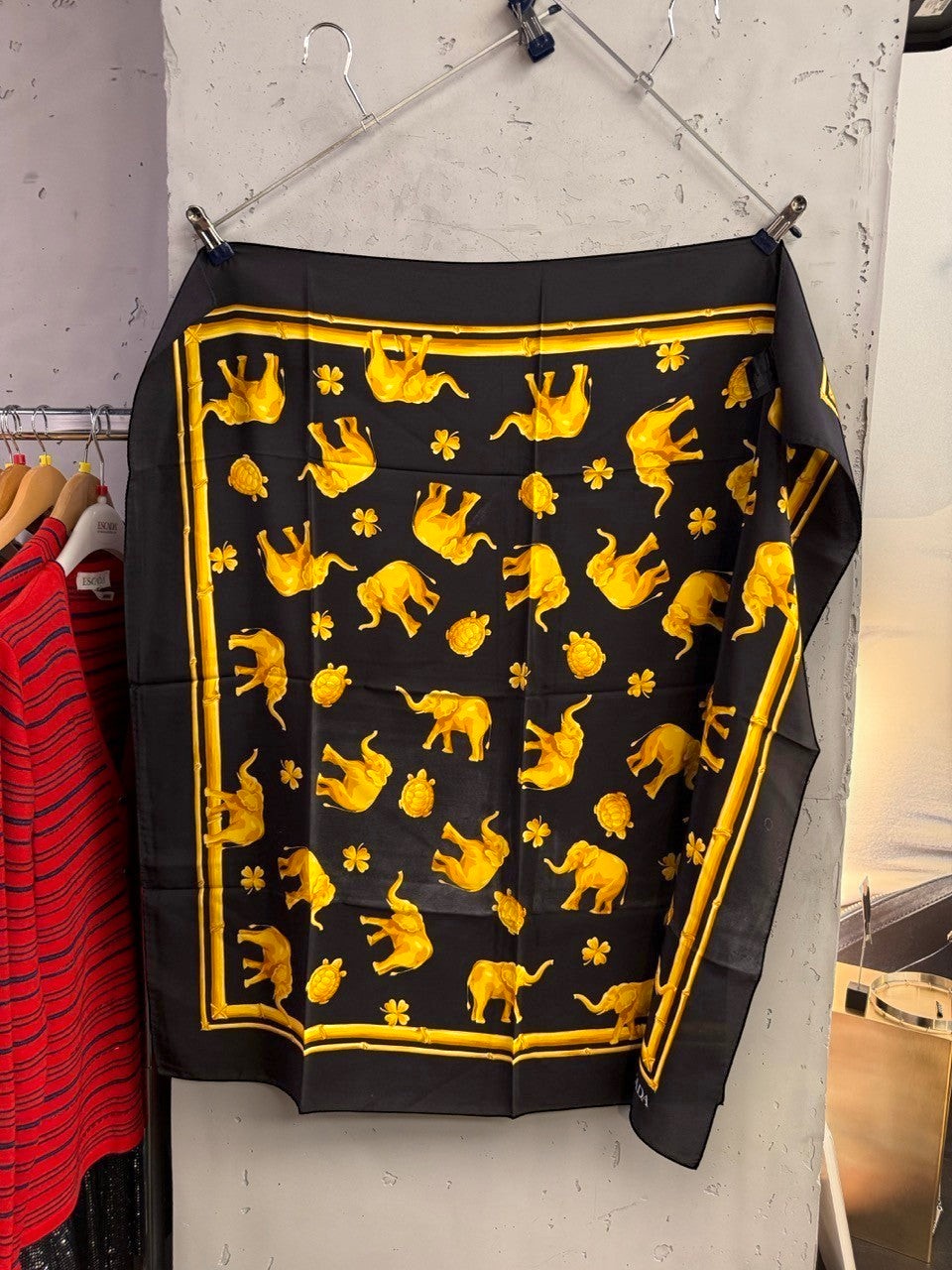 BERLIN VINTAGE CORNER black silk scarf with golden elephant, turtle, and clover print and bamboo-style border.