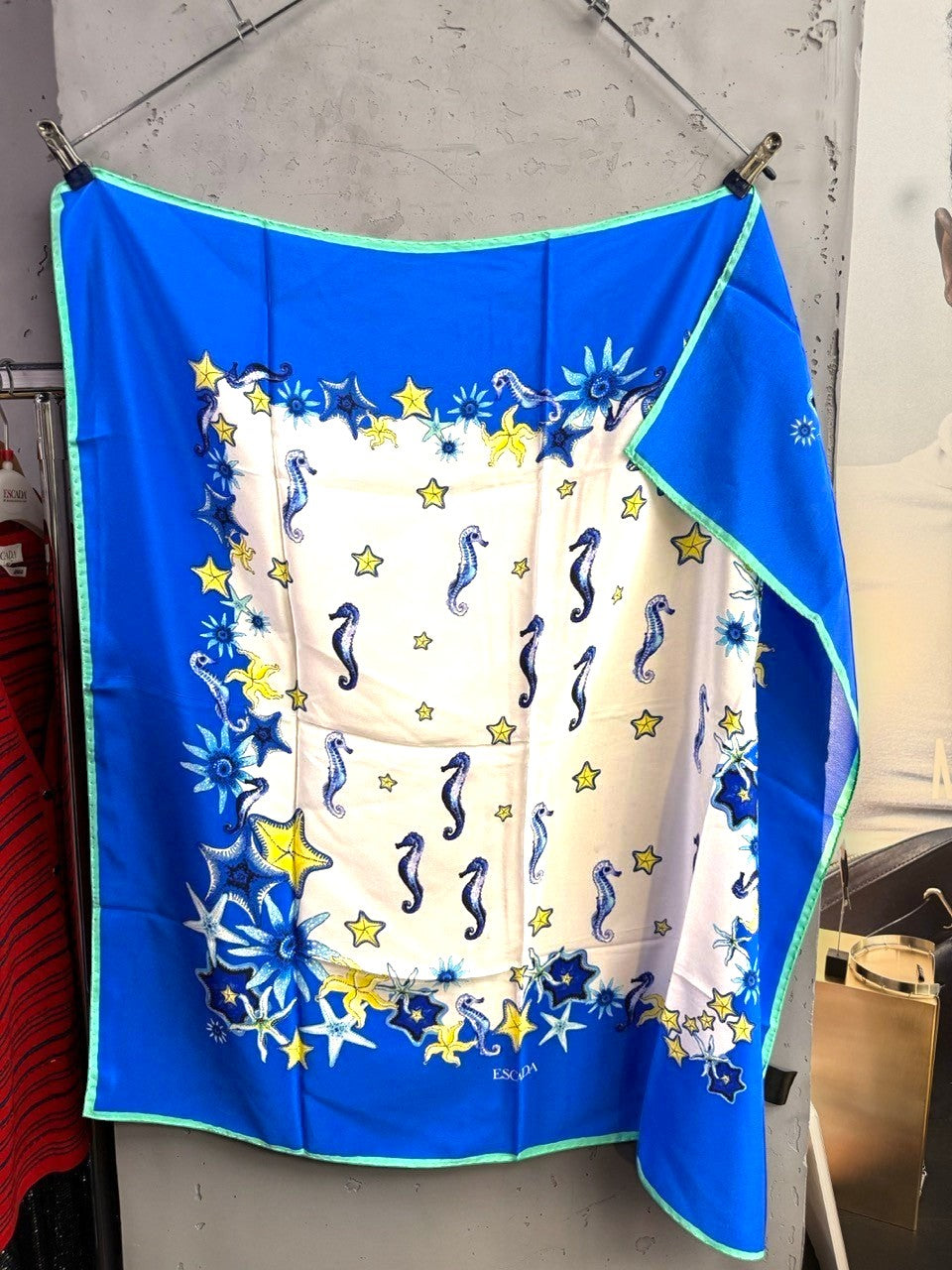 BERLIN VINTAGE CORNER vintage ESCADA silk square scarf with blue, white, and mint green nautical seahorse print.
