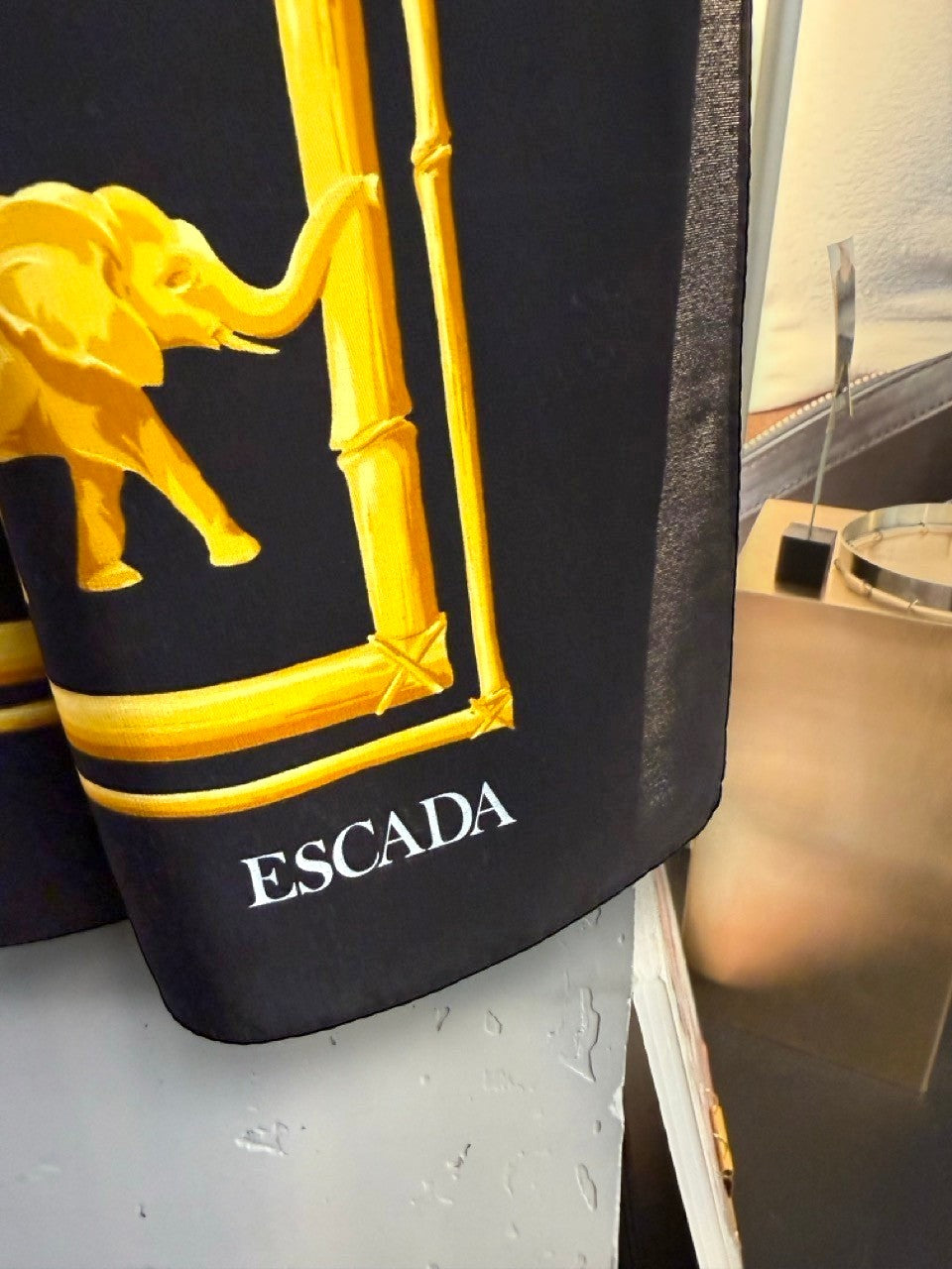 BERLIN VINTAGE CORNER vintage ESCADA black silk scarf with golden elephant and bamboo border print.