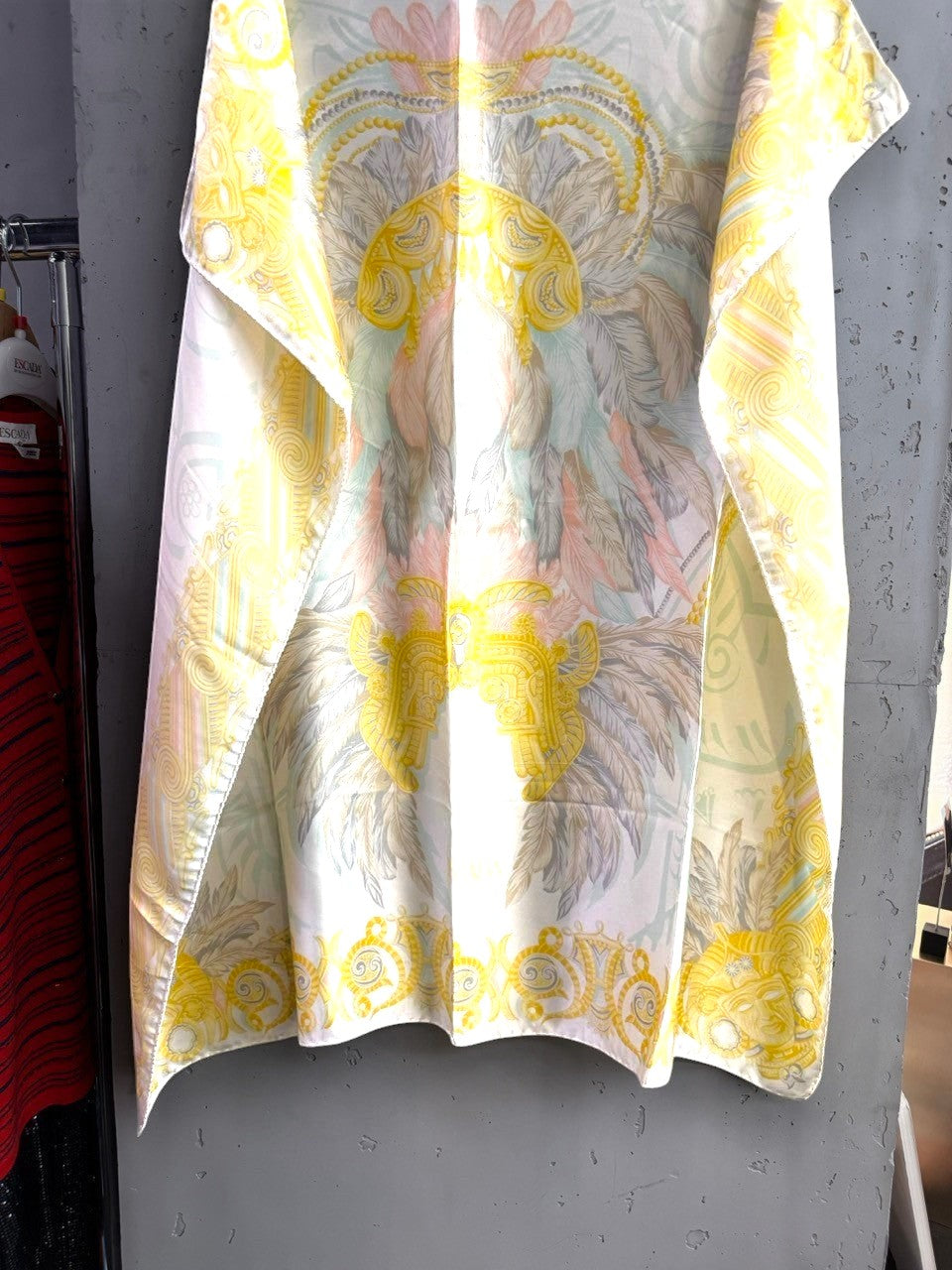 BERLIN VINTAGE CORNER Escada silk scarf with baroque motifs in yellow, peach, and sage green on a cream background.