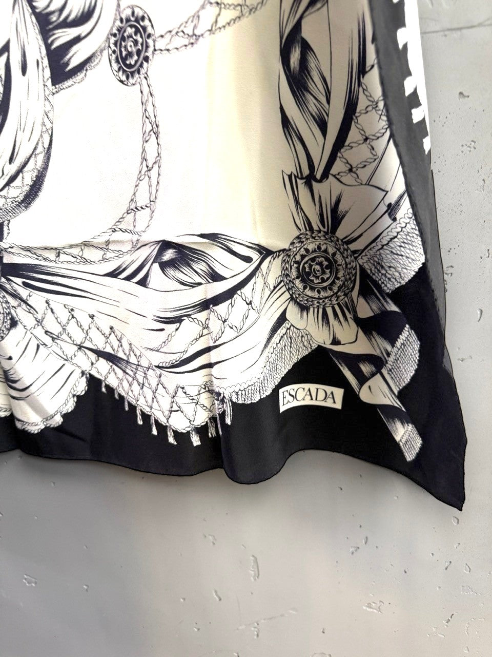 BERLIN VINTAGE CORNER vintage ESCADA silk scarf in black and white with nautical rope and medallion print.