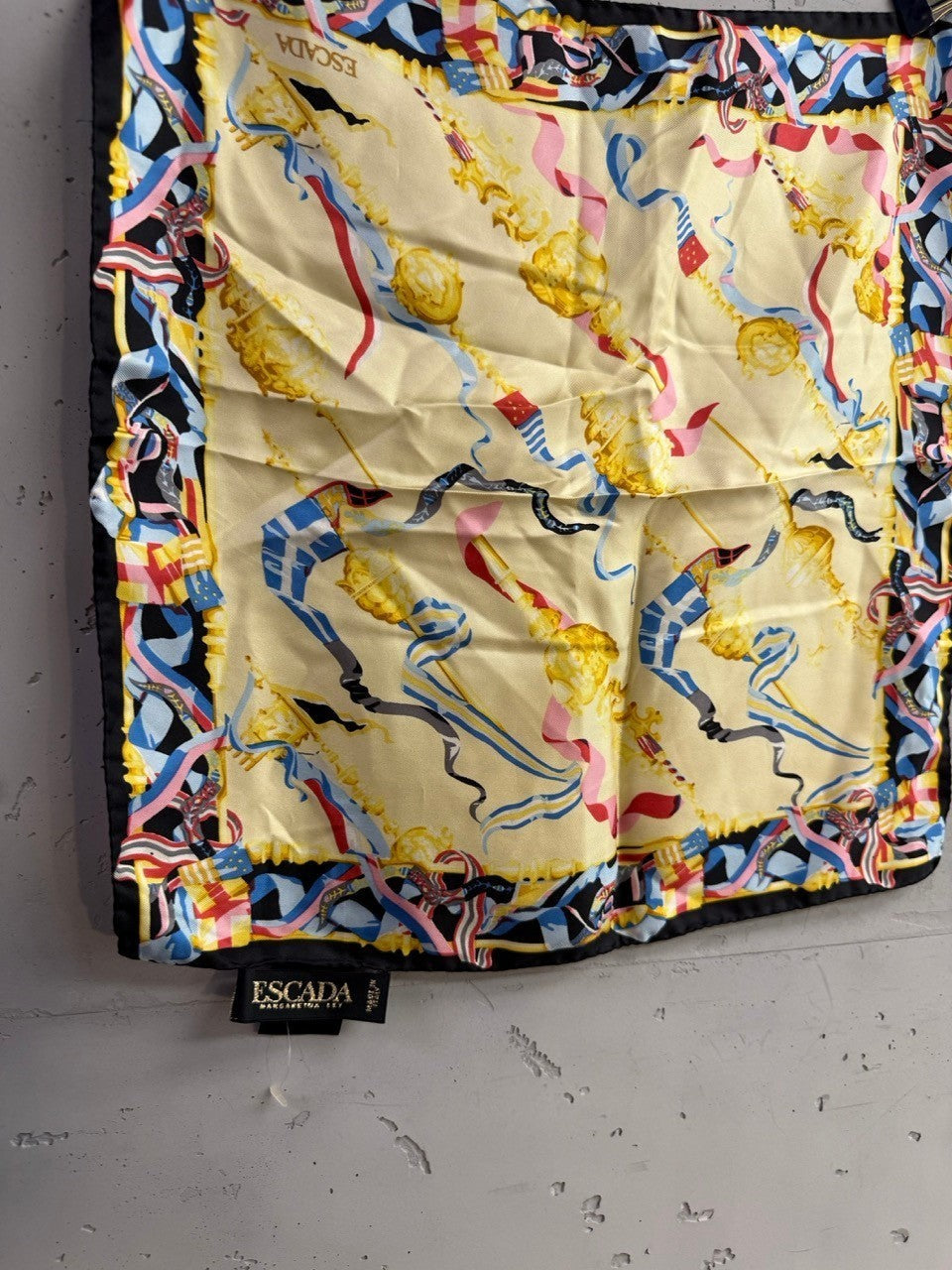 BERLIN VINTAGE CORNER vintage ESCADA square silk scarf in pale yellow with nautical ribbons and black border.