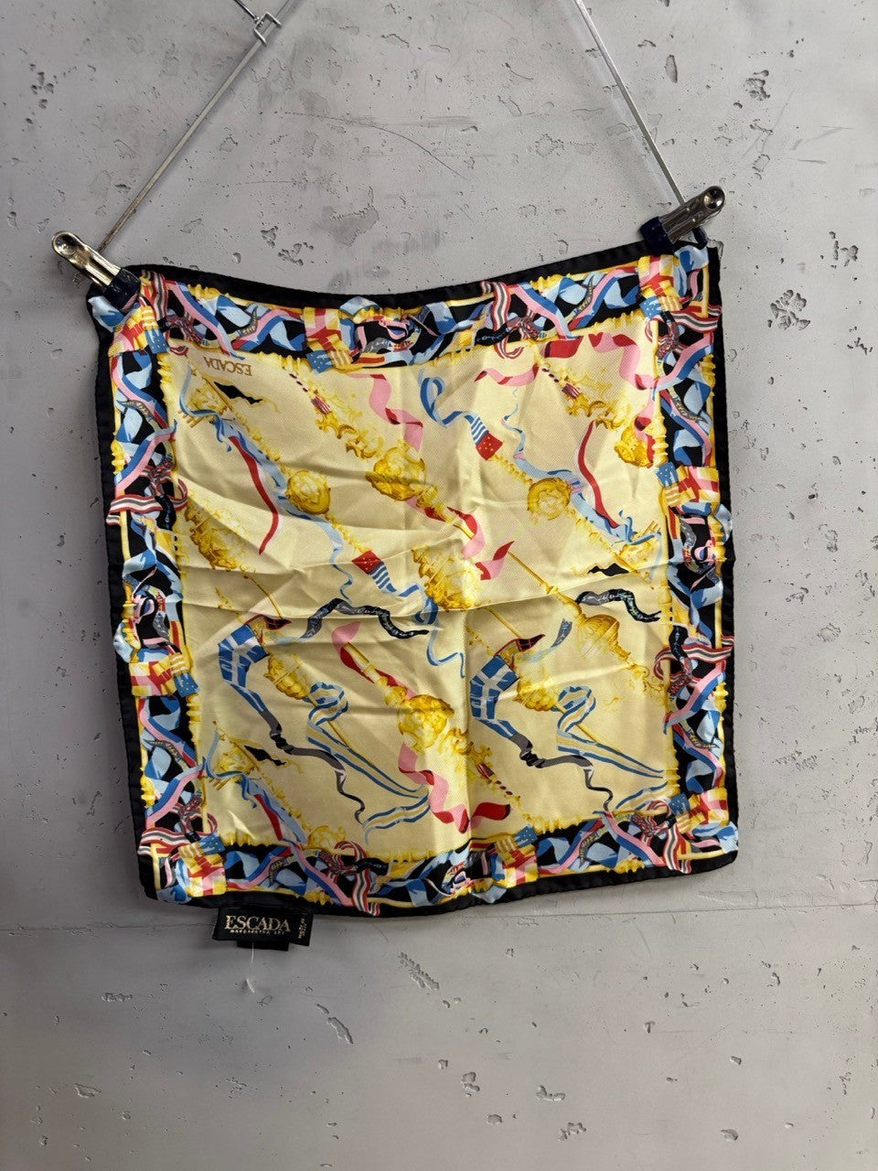 BERLIN VINTAGE CORNER vintage ESCADA square silk scarf in pale yellow with nautical ribbons and black border.
