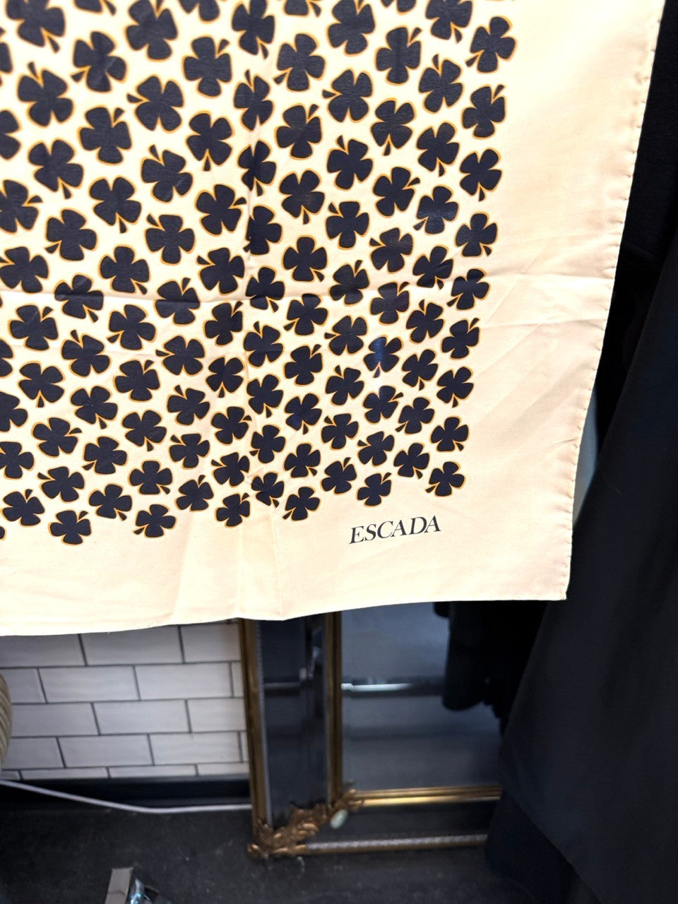 BERLIN VINTAGE CORNER Escada square silk scarf in cream with a black clover print and designer logo detail.