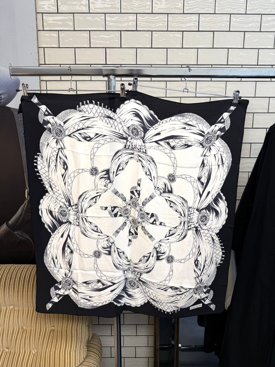 BERLIN VINTAGE CORNER vintage ESCADA silk scarf in black and white with nautical rope and medallion print.
