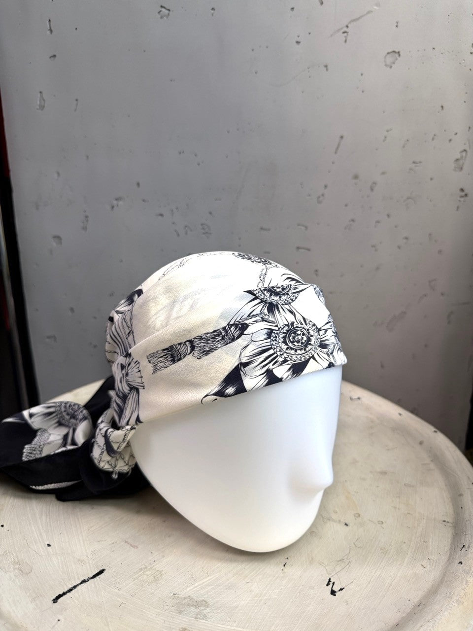 BERLIN VINTAGE CORNER vintage Escada silk scarf in black and white with nautical rope and medallion print on mannequin
