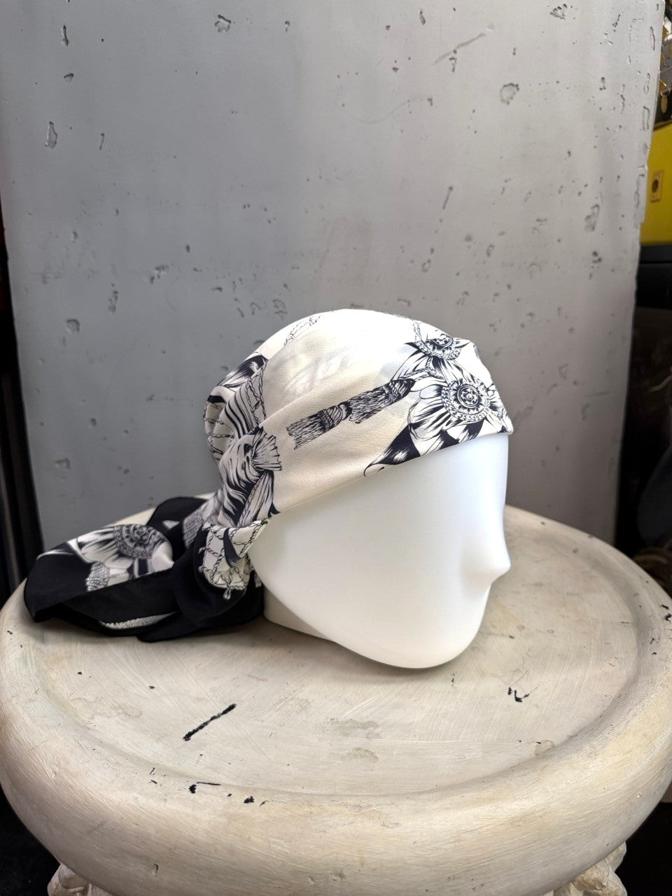 BERLIN VINTAGE CORNER vintage ESCADA silk scarf in black and white with nautical rope and medallion print on mannequin