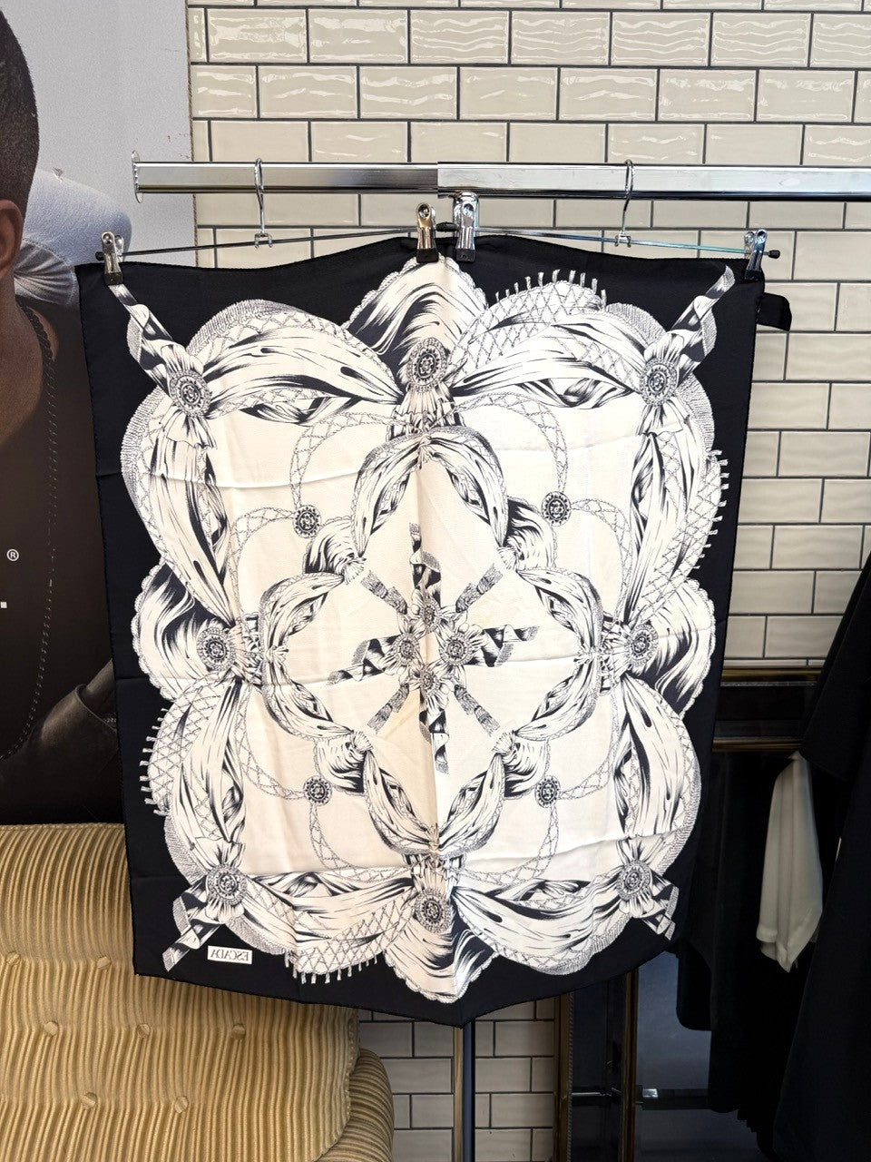 BERLIN VINTAGE CORNER vintage ESCADA silk scarf featuring a black and white nautical rope and medallion print.