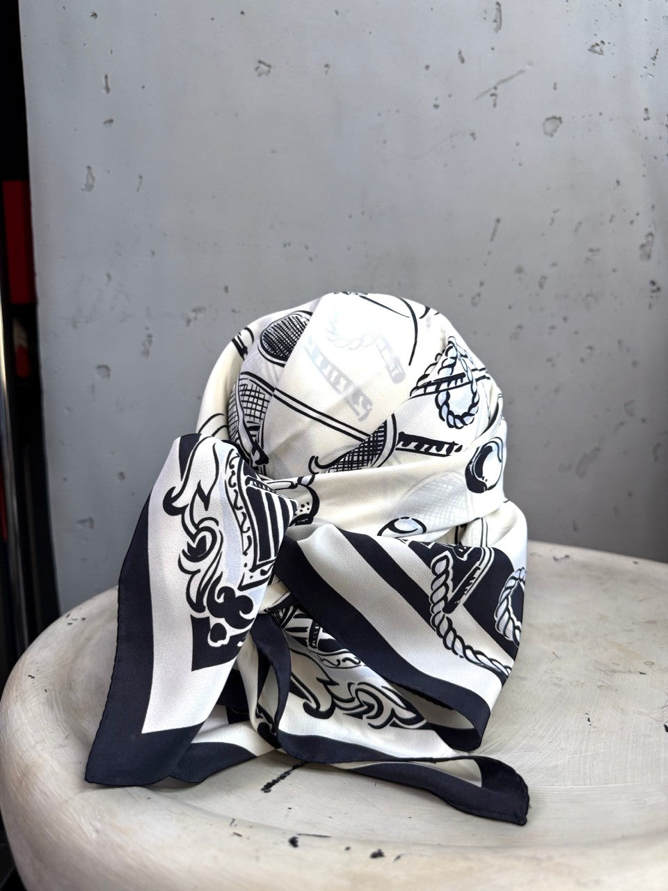 BERLIN VINTAGE CORNER ESCADA silk square scarf featuring a black and white tennis and rope print on a light base.