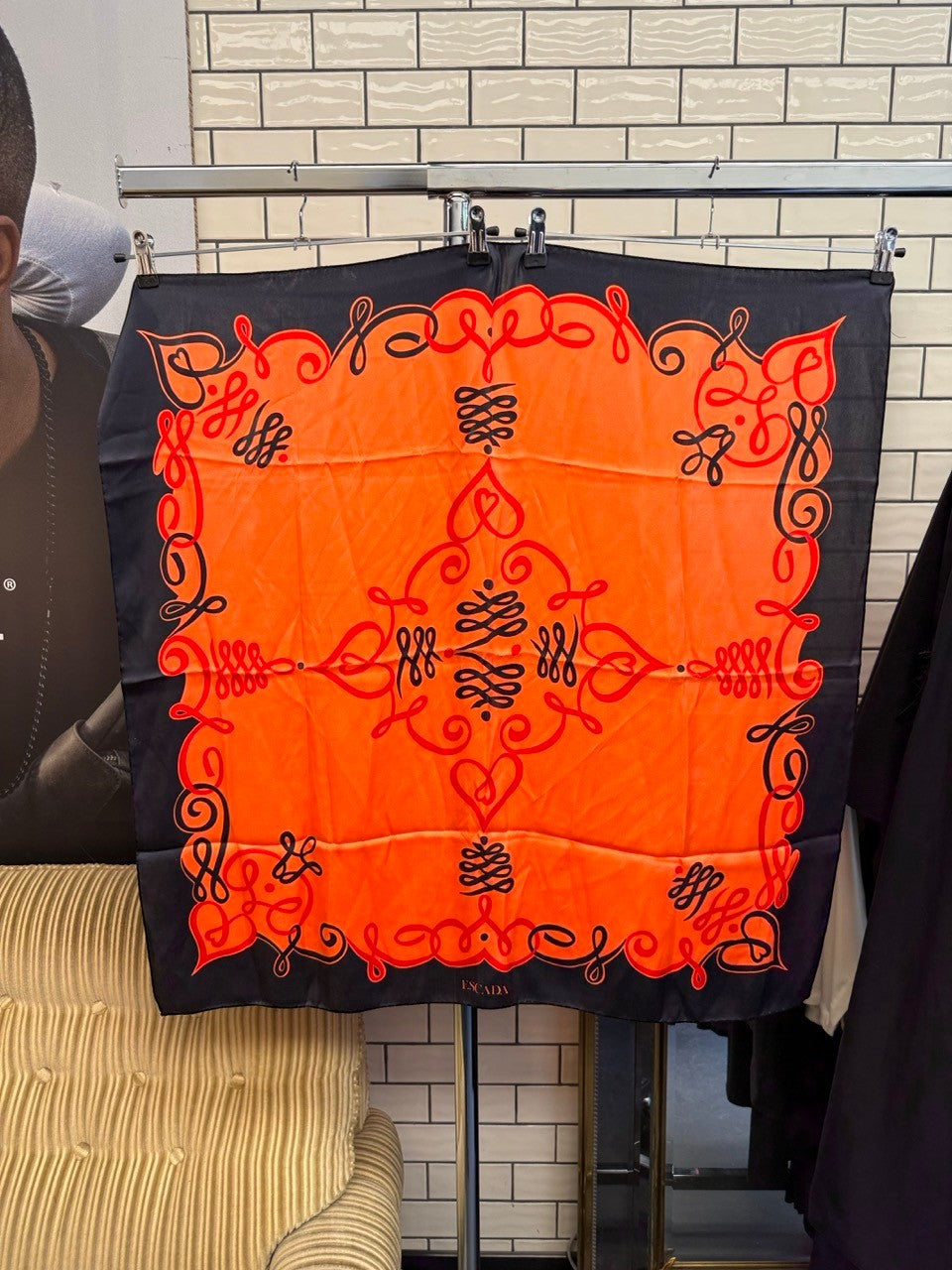 BERLIN VINTAGE CORNER vintage Escada silk scarf in vibrant orange and black with ornate scrollwork and geometric motifs