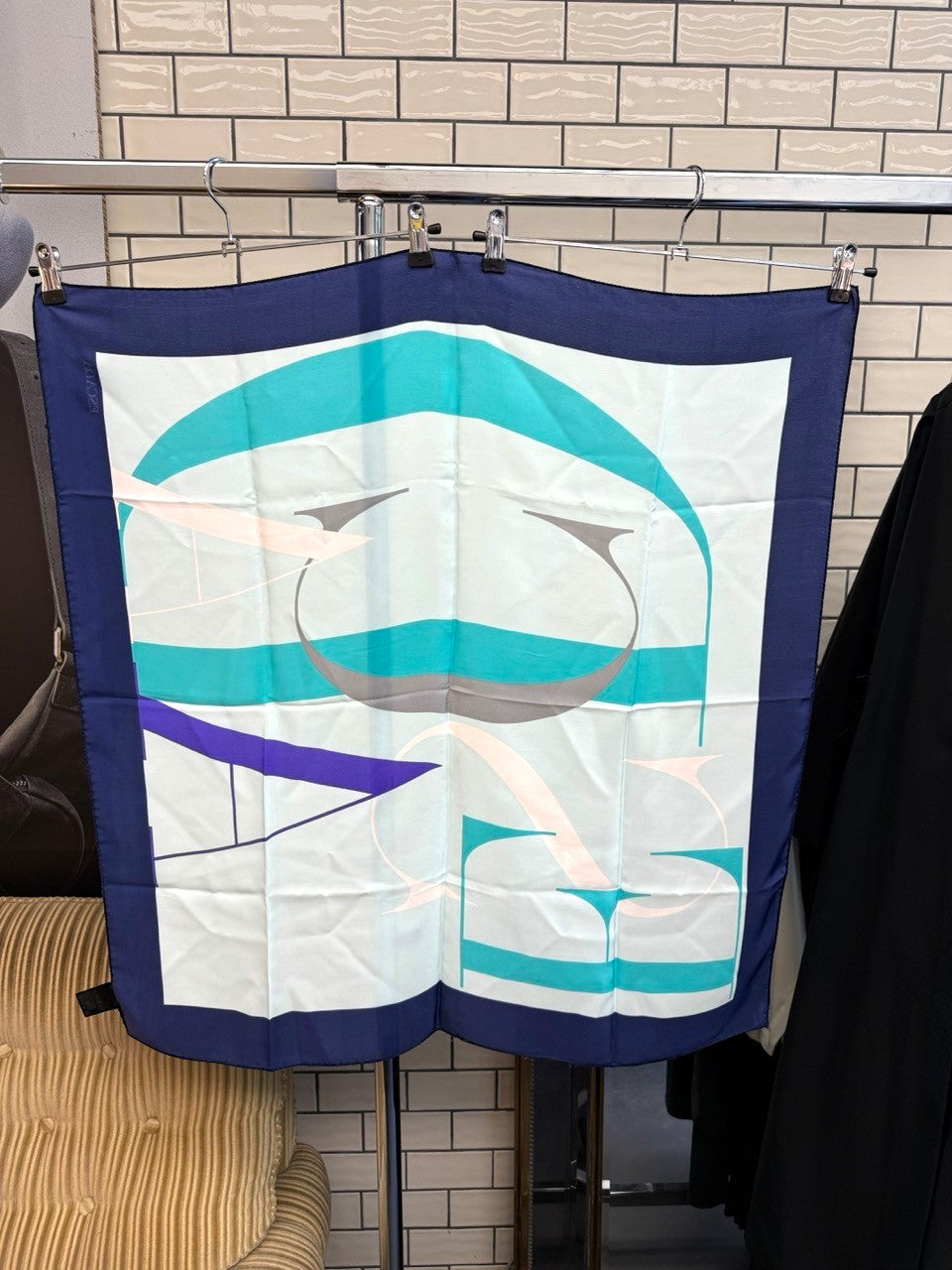 BERLIN VINTAGE CORNER Escada square silk scarf featuring a graphic logo print in mint, navy, and neutral tones.