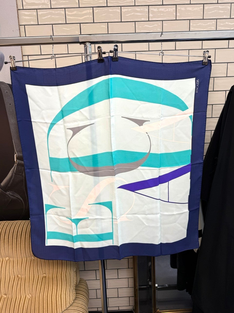 BERLIN VINTAGE CORNER Escada square silk scarf featuring a graphic logo print in mint, navy, and neutral tones.