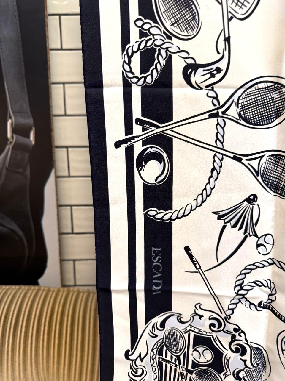 BERLIN VINTAGE CORNER ESCADA silk square scarf featuring a black and white tennis and badminton motif with rope details.