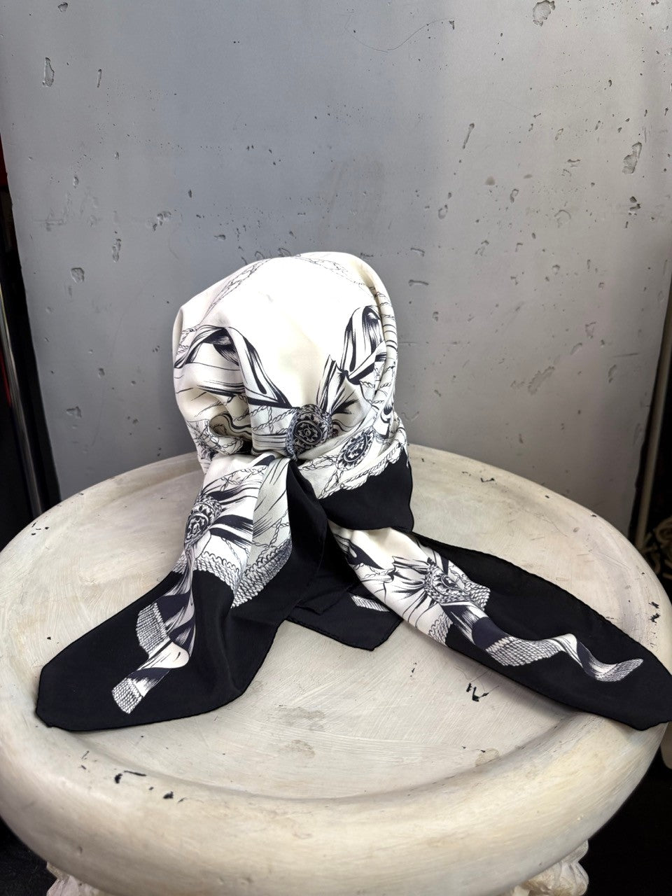 BERLIN VINTAGE CORNER vintage ESCADA silk scarf in black and white with nautical rope and medallion print