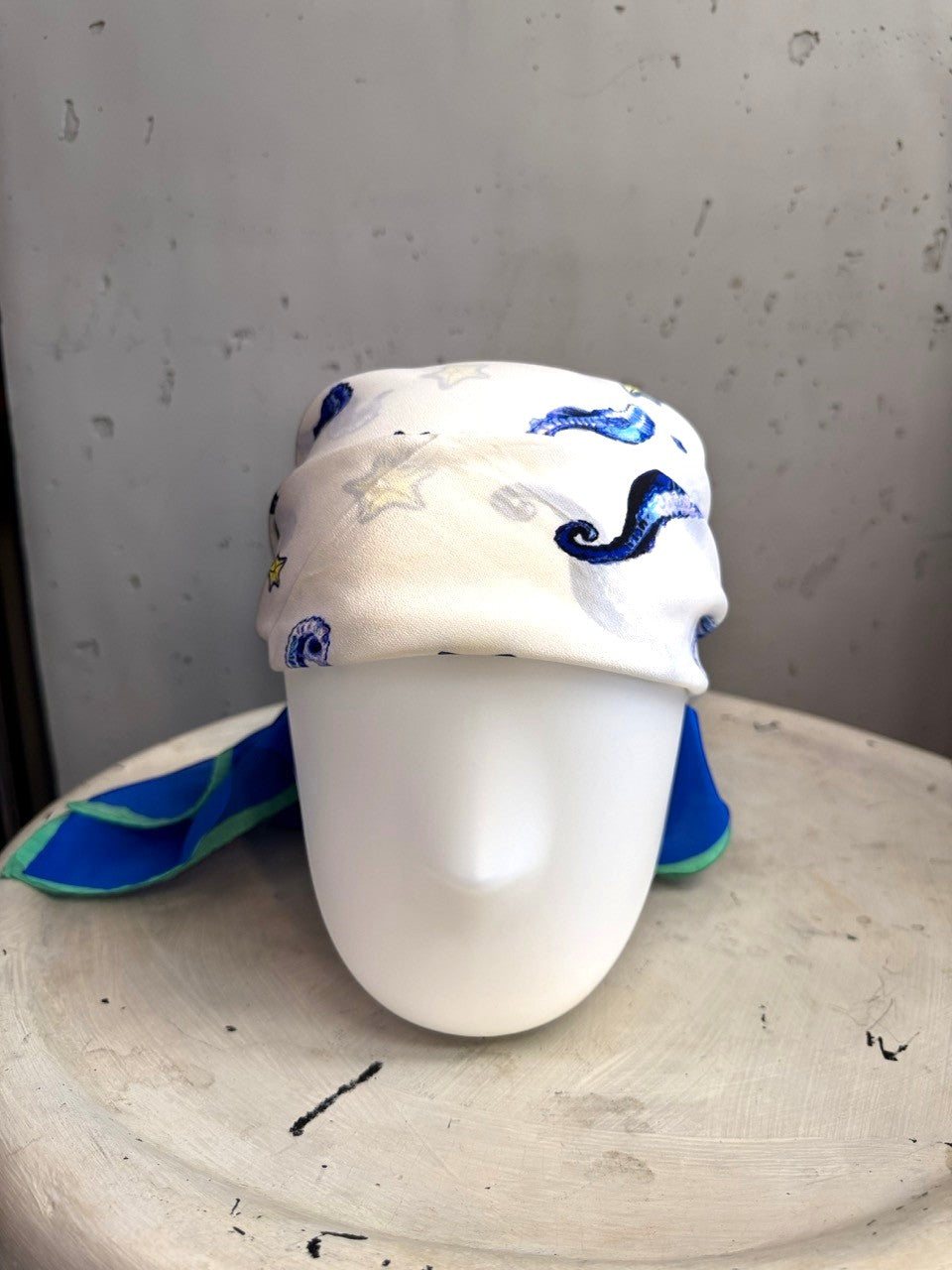 BERLIN VINTAGE CORNER Escada vintage silk square scarf with nautical seahorse print on a mannequin head