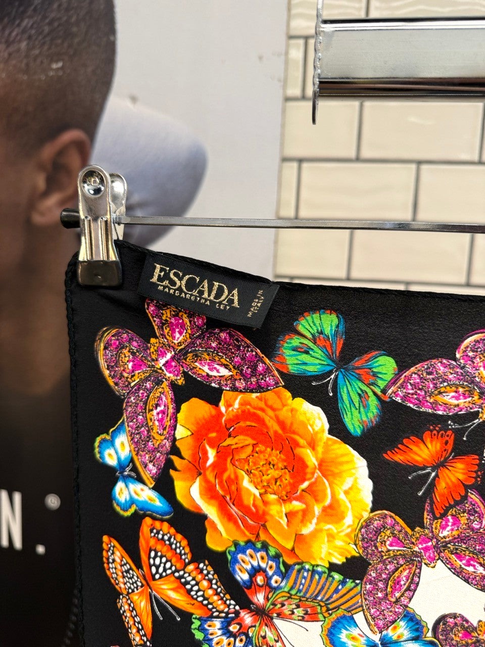 BERLIN VINTAGE CORNER ESCADA silk scarf with vibrant butterfly and yellow rose print on a black background