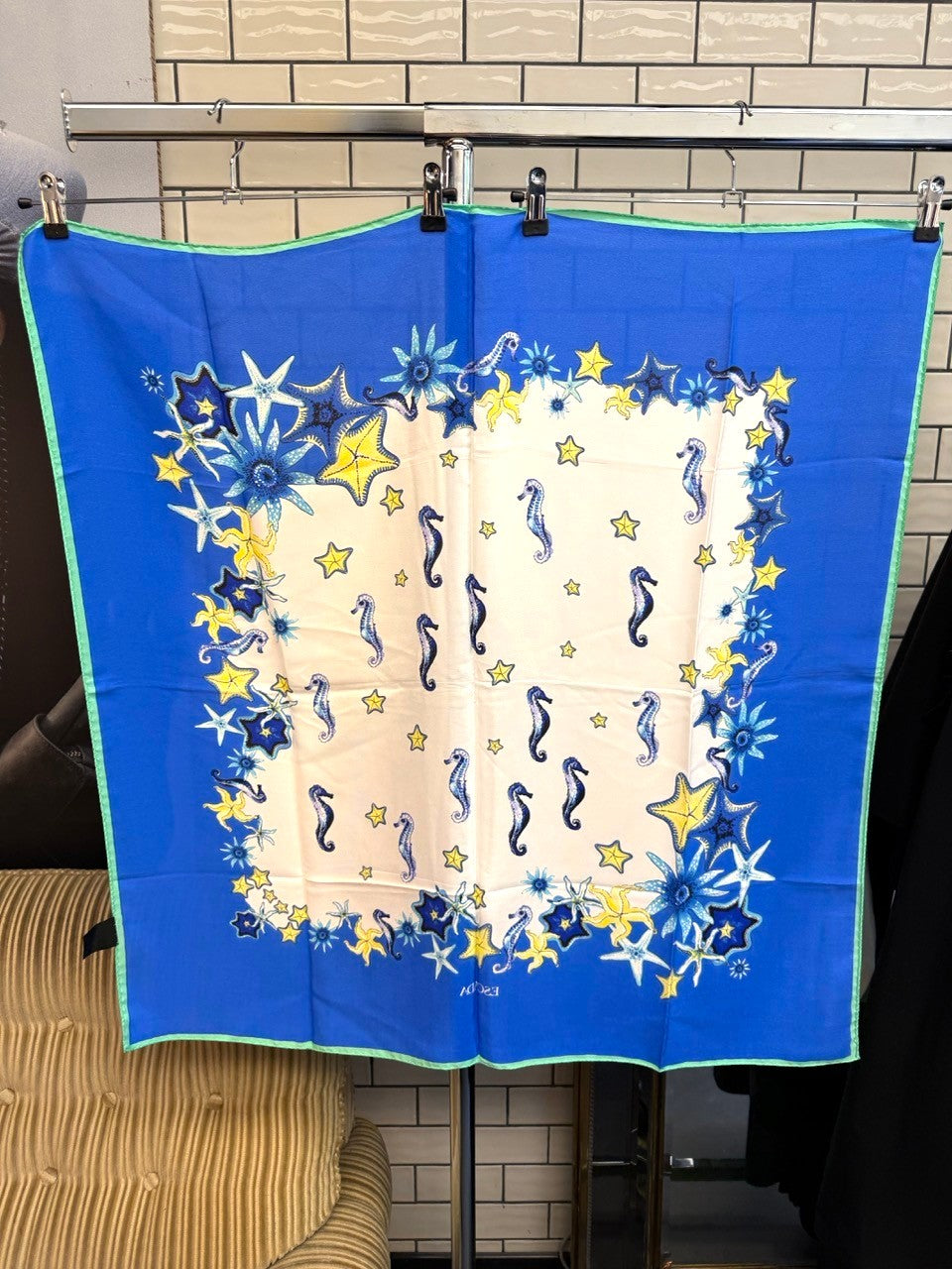 BERLIN VINTAGE CORNER Escada silk square scarf featuring a nautical seahorse and starfish print with a blue border.