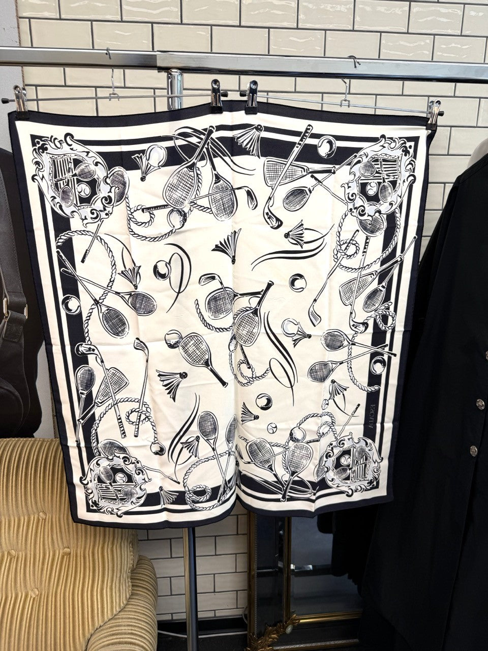 BERLIN VINTAGE CORNER ESCADA silk square scarf featuring a black and white tennis and badminton motif with rope details