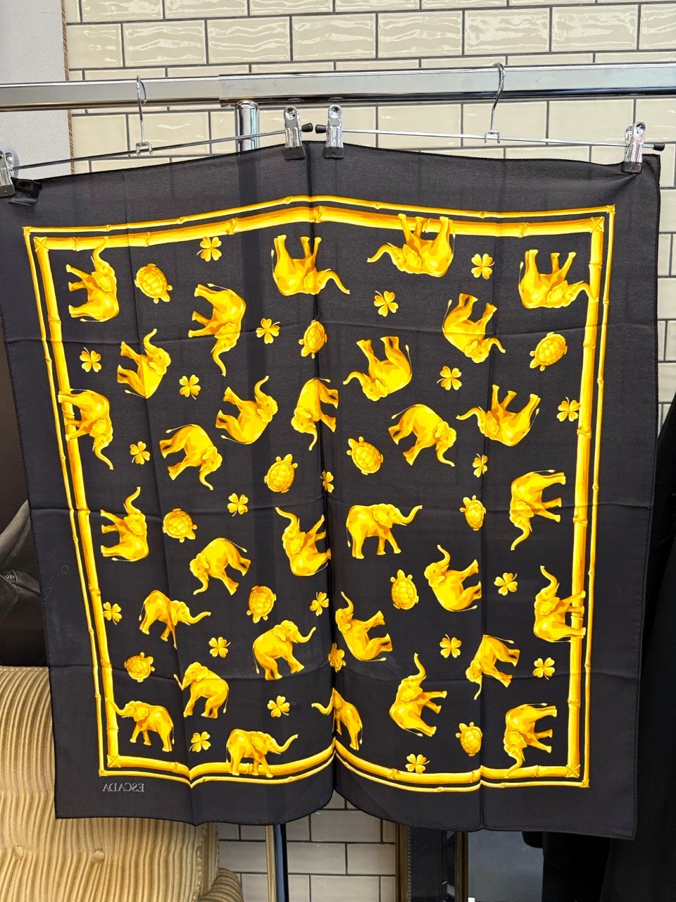 BERLIN VINTAGE CORNER vintage ESCADA silk scarf in black with golden elephant, turtle, and clover print.