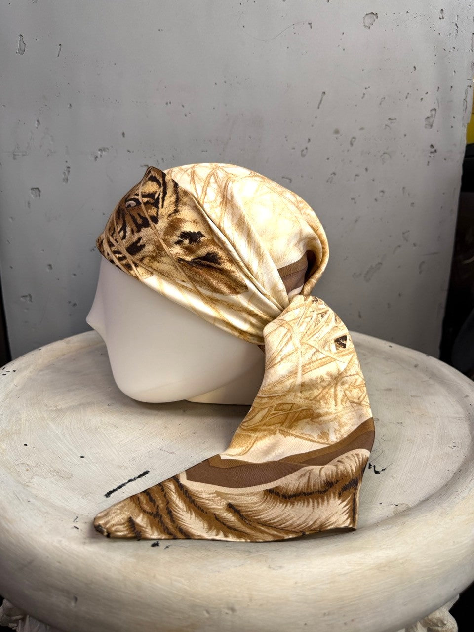 BERLIN VINTAGE CORNER Escada silk scarf featuring a tiger and golden grass print in cream, tan, and chocolate brown.