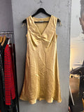 BERLIN VINTAGE CORNER Escada Sport golden-champagne satin midi dress with V-neck and ruched shoulder detail.