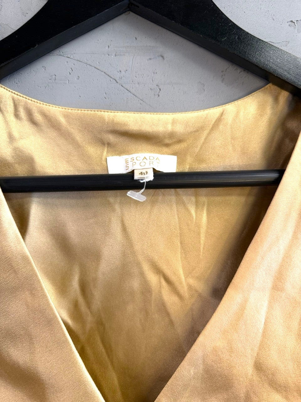 BERLIN VINTAGE CORNER Escada Sport golden-champagne satin midi dress with V-neckline on a black hanger.