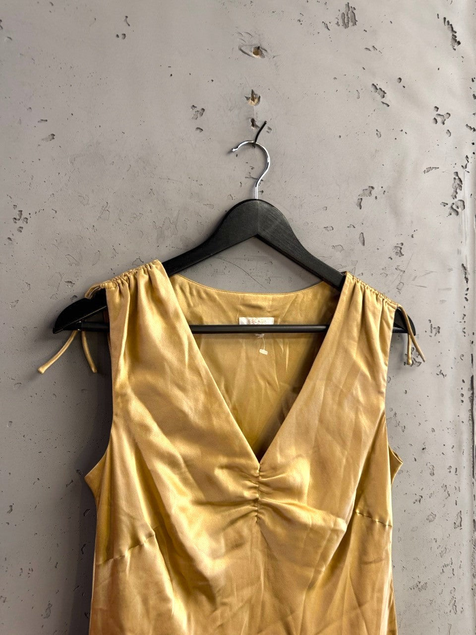 BERLIN VINTAGE CORNER Escada Sport golden-champagne satin sleeveless midi dress with ruched V-neckline on a hanger.