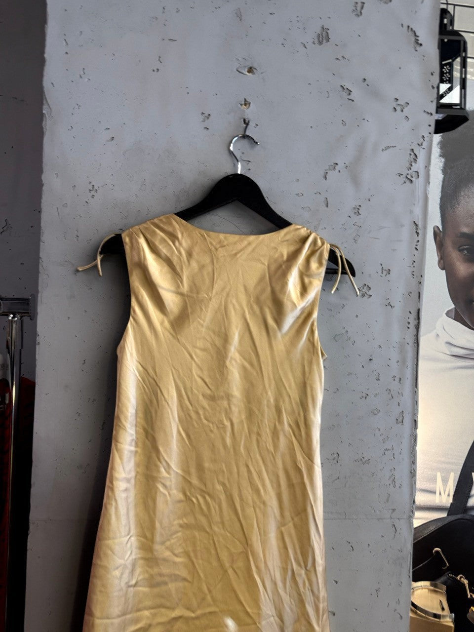BERLIN VINTAGE CORNER Escada Sport golden-champagne satin sleeveless midi dress with adjustable ruched shoulder ties.