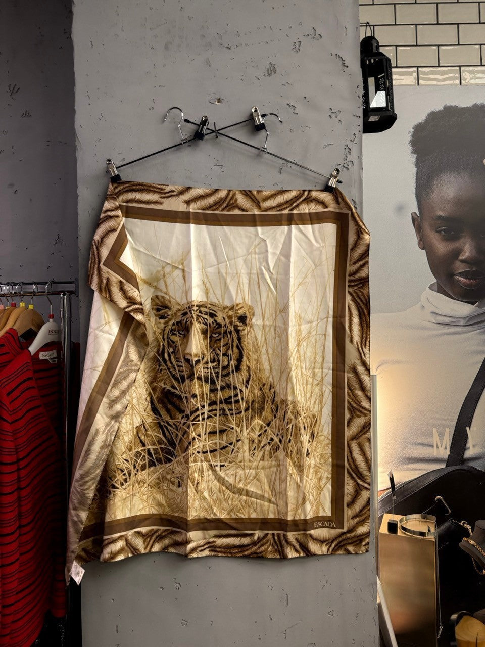 BERLIN VINTAGE CORNER Escada silk scarf in cream and brown with a tiger and tall grass print and decorative border.