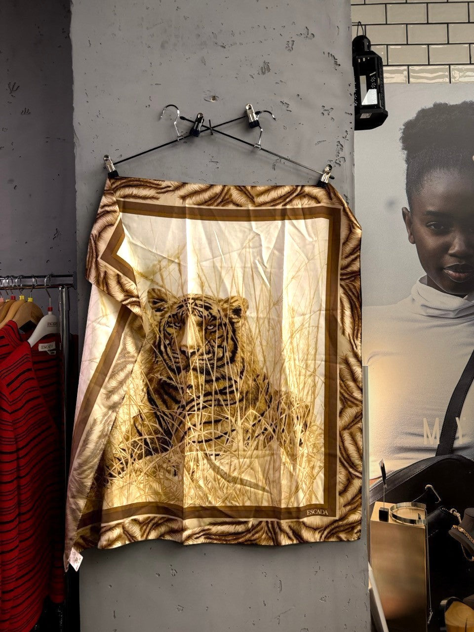 BERLIN VINTAGE CORNER Escada silk scarf in cream and brown with a tiger and tall grass print and decorative border.